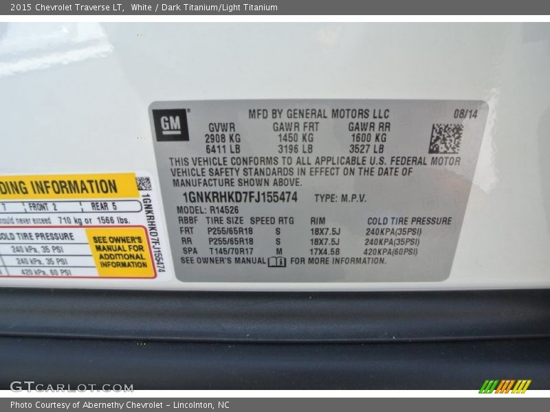 White / Dark Titanium/Light Titanium 2015 Chevrolet Traverse LT