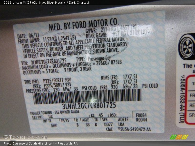 Ingot Silver Metallic / Dark Charcoal 2012 Lincoln MKZ FWD