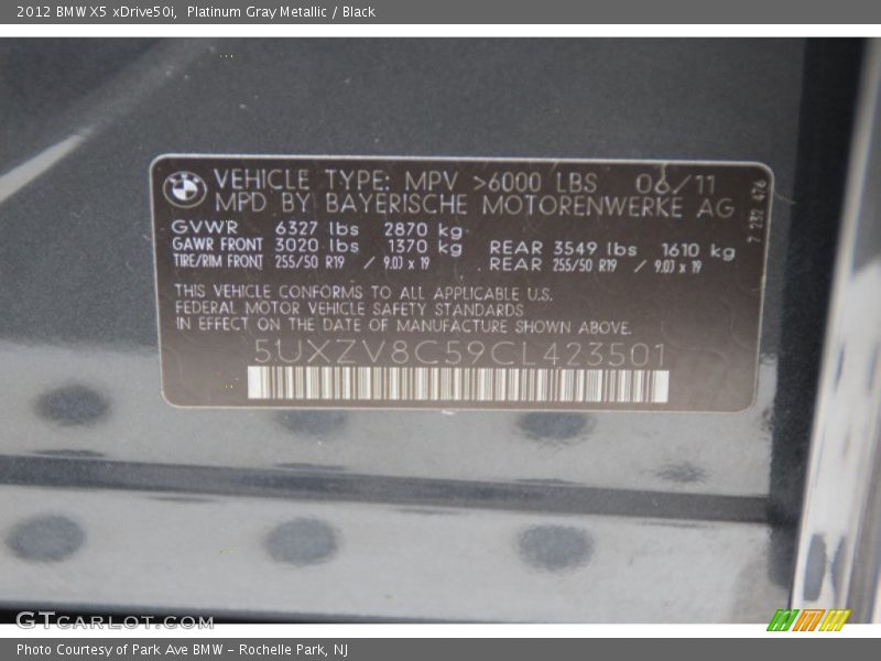 Platinum Gray Metallic / Black 2012 BMW X5 xDrive50i