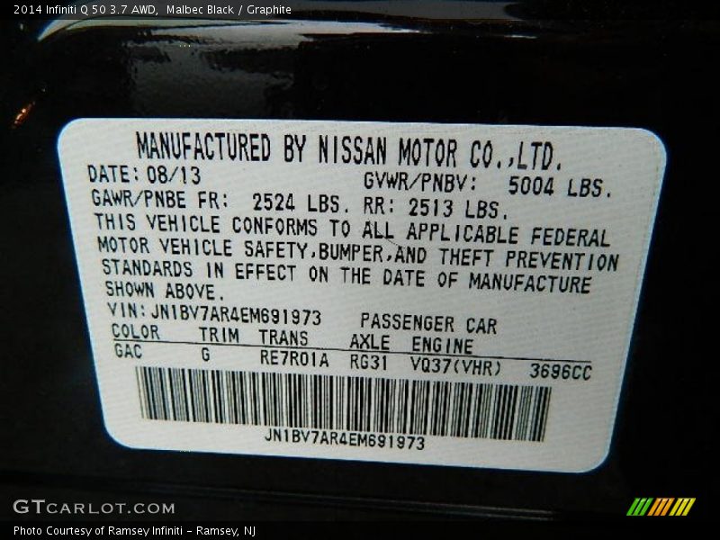 2014 Q 50 3.7 AWD Malbec Black Color Code GAC