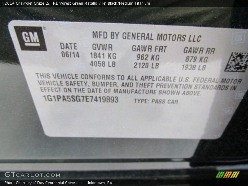 Rainforest Green Metallic / Jet Black/Medium Titanium 2014 Chevrolet Cruze LS