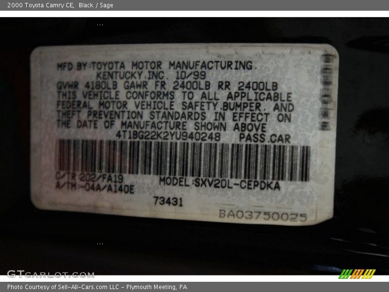 Black / Sage 2000 Toyota Camry CE