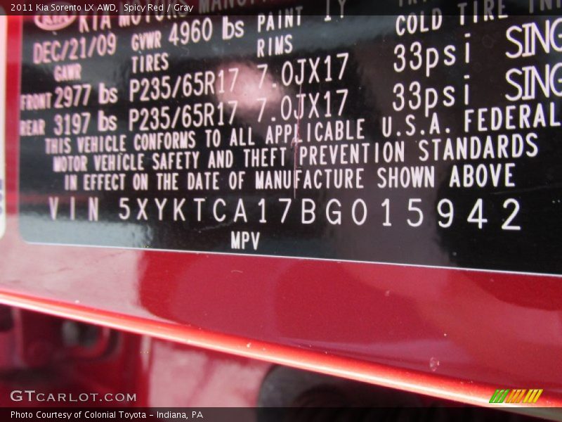 Spicy Red / Gray 2011 Kia Sorento LX AWD