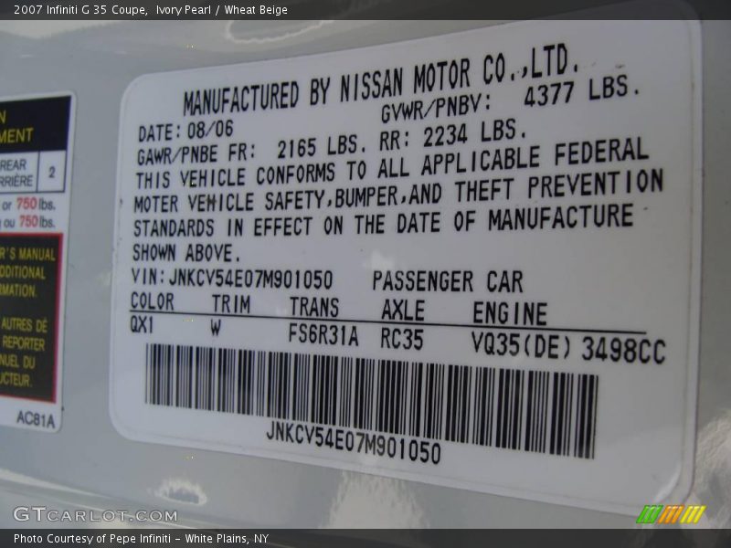 Ivory Pearl / Wheat Beige 2007 Infiniti G 35 Coupe