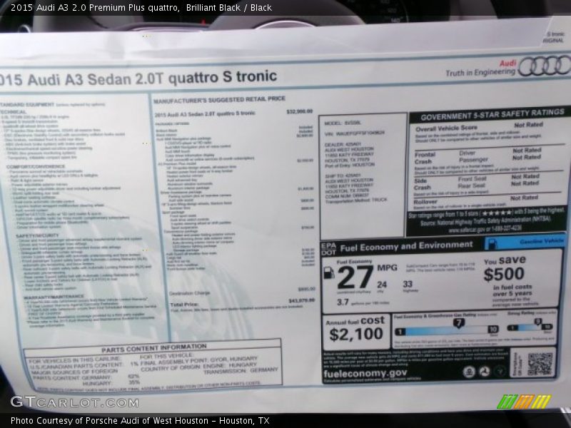  2015 A3 2.0 Premium Plus quattro Window Sticker