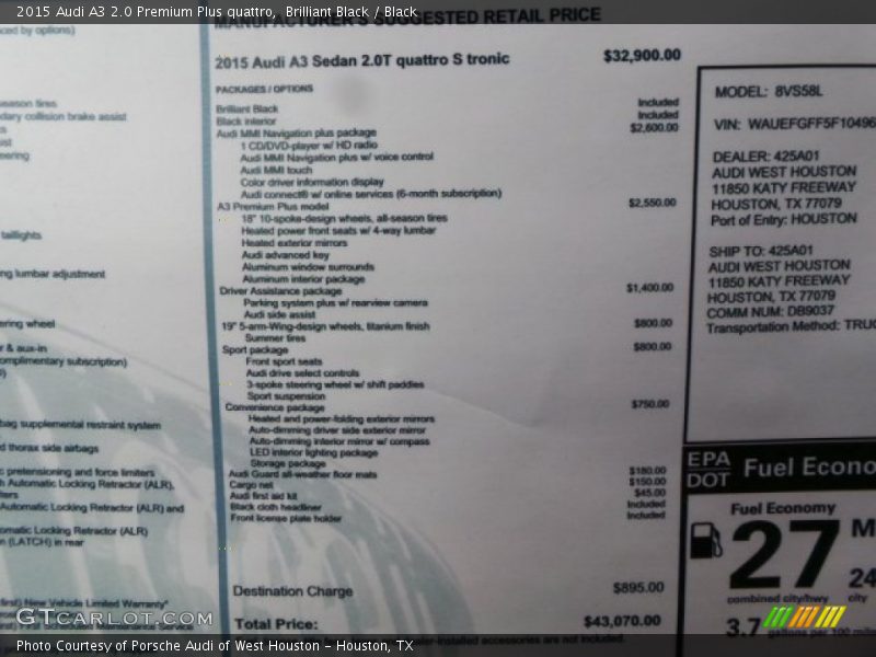  2015 A3 2.0 Premium Plus quattro Window Sticker