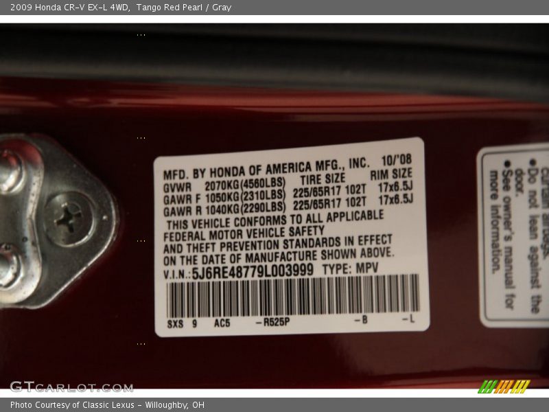 Tango Red Pearl / Gray 2009 Honda CR-V EX-L 4WD