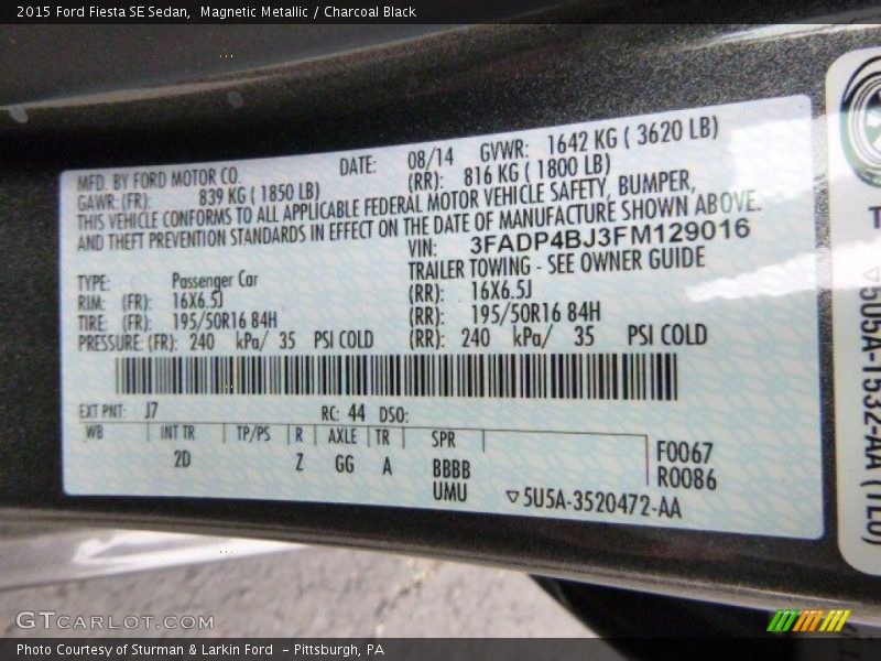 2015 Fiesta SE Sedan Magnetic Metallic Color Code J7