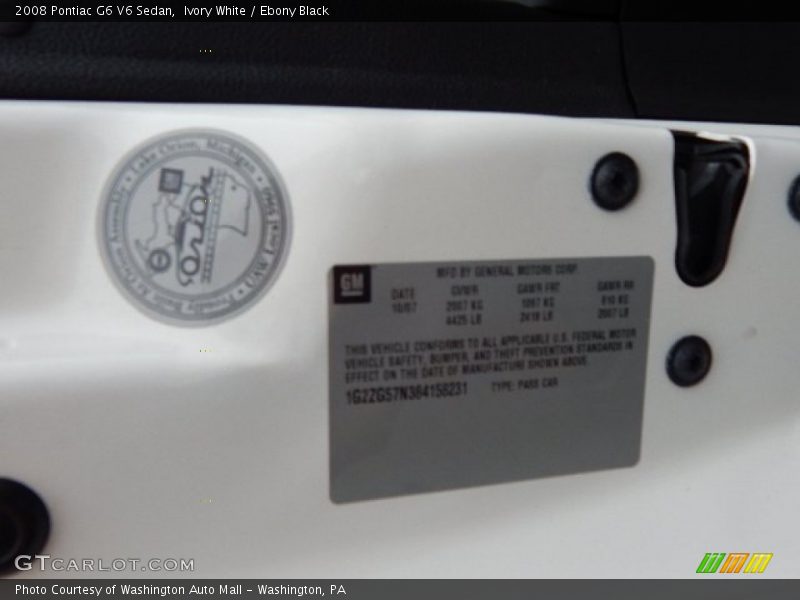 Ivory White / Ebony Black 2008 Pontiac G6 V6 Sedan
