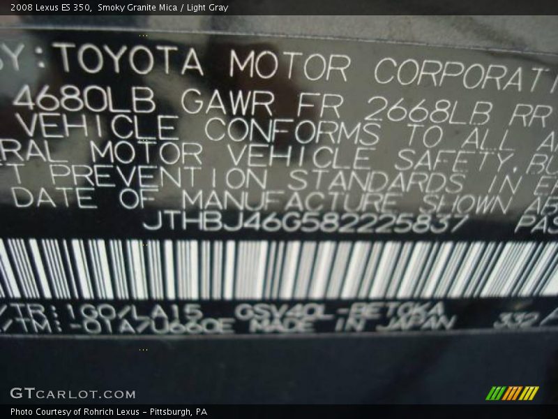 Smoky Granite Mica / Light Gray 2008 Lexus ES 350