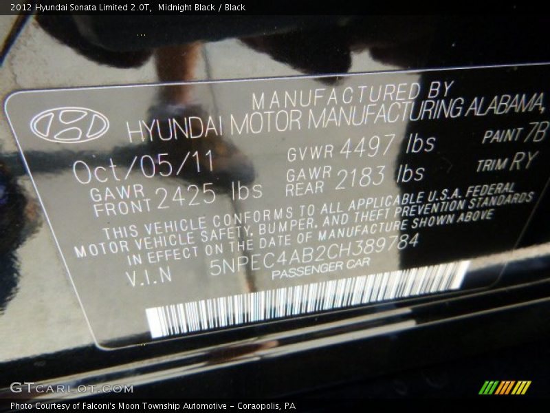 Midnight Black / Black 2012 Hyundai Sonata Limited 2.0T