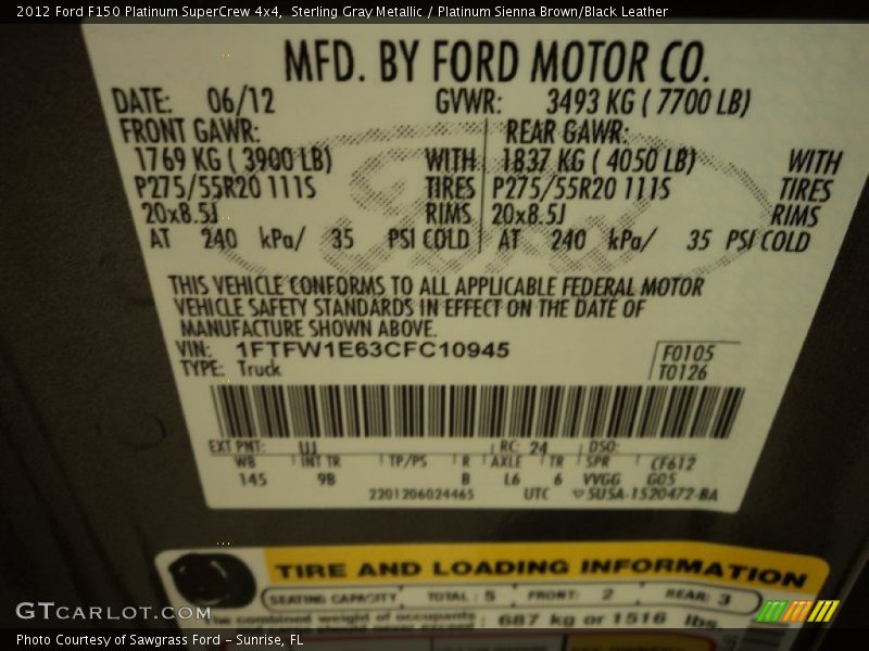 Sterling Gray Metallic / Platinum Sienna Brown/Black Leather 2012 Ford F150 Platinum SuperCrew 4x4