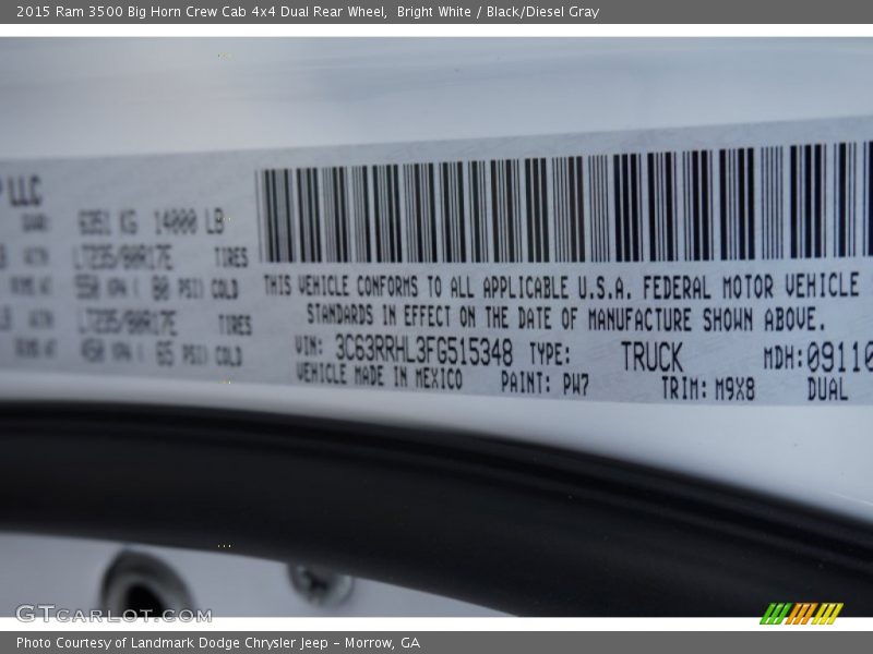 Bright White / Black/Diesel Gray 2015 Ram 3500 Big Horn Crew Cab 4x4 Dual Rear Wheel