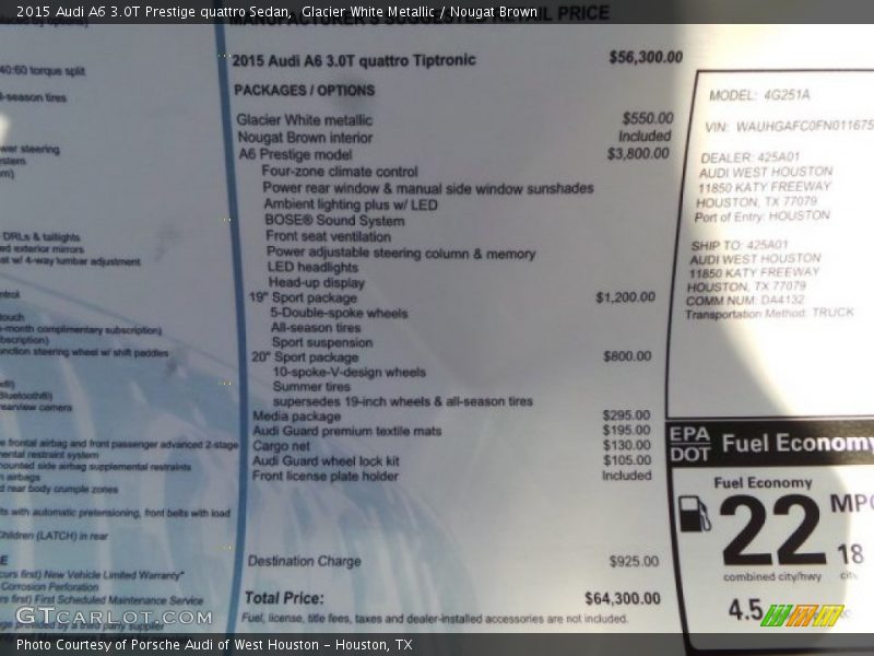 Glacier White Metallic / Nougat Brown 2015 Audi A6 3.0T Prestige quattro Sedan