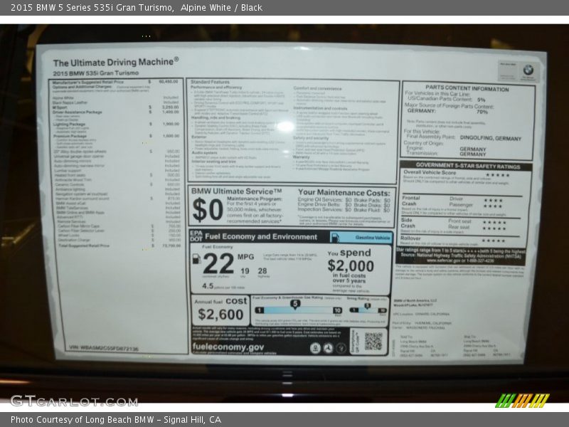  2015 5 Series 535i Gran Turismo Window Sticker