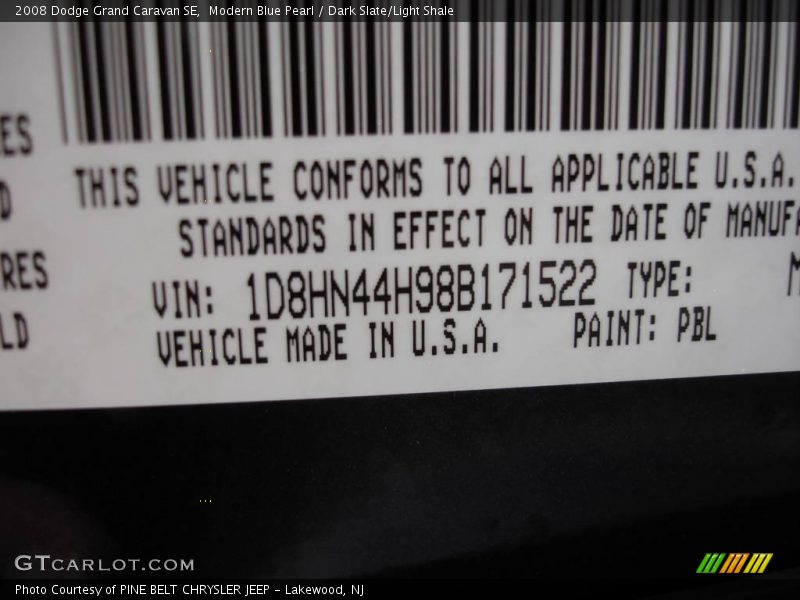 Modern Blue Pearl / Dark Slate/Light Shale 2008 Dodge Grand Caravan SE