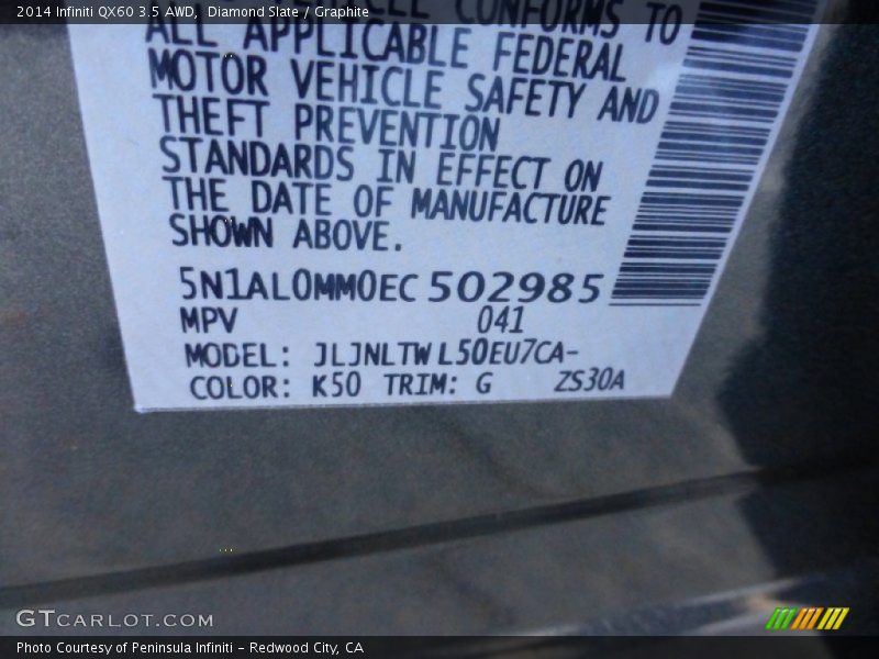 2014 QX60 3.5 AWD Diamond Slate Color Code K50