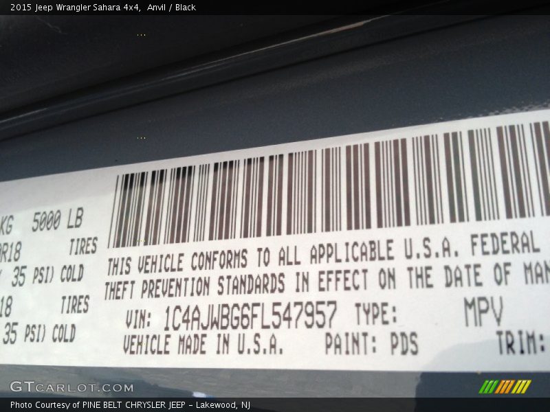 2015 Wrangler Sahara 4x4 Anvil Color Code PDS