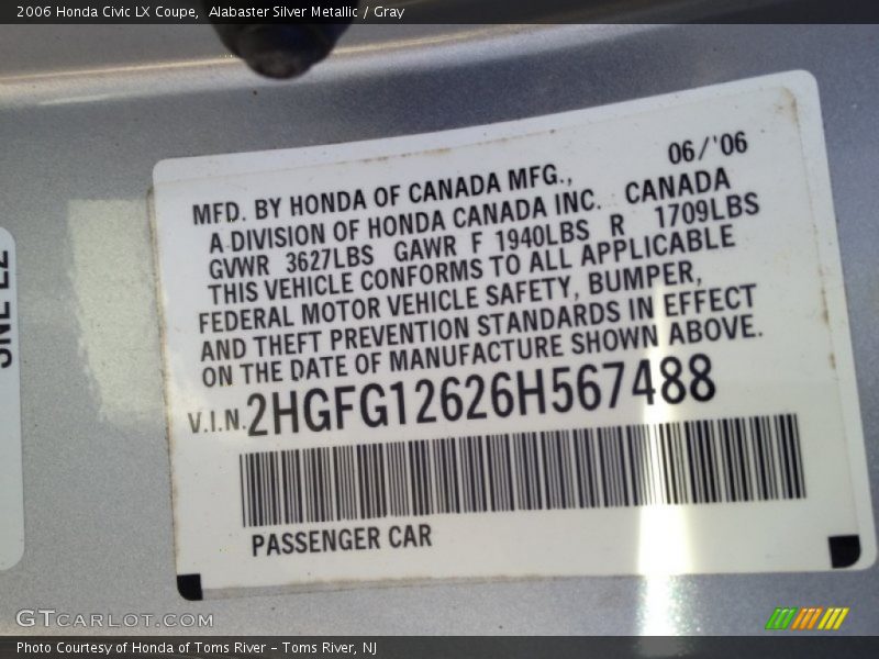 Alabaster Silver Metallic / Gray 2006 Honda Civic LX Coupe