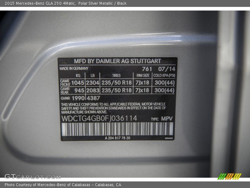 2015 GLA 250 4Matic Polar Silver Metallic Color Code 761