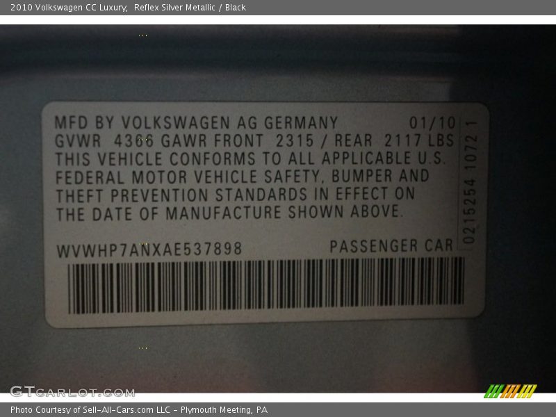 Reflex Silver Metallic / Black 2010 Volkswagen CC Luxury
