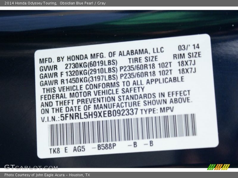 Obsidian Blue Pearl / Gray 2014 Honda Odyssey Touring