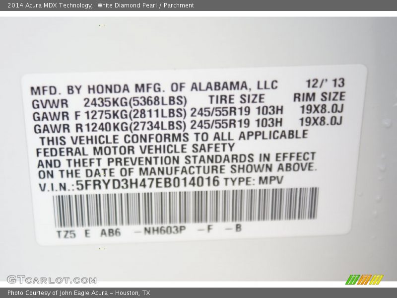White Diamond Pearl / Parchment 2014 Acura MDX Technology