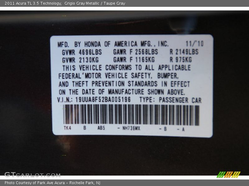 Grigio Gray Metallic / Taupe Gray 2011 Acura TL 3.5 Technology