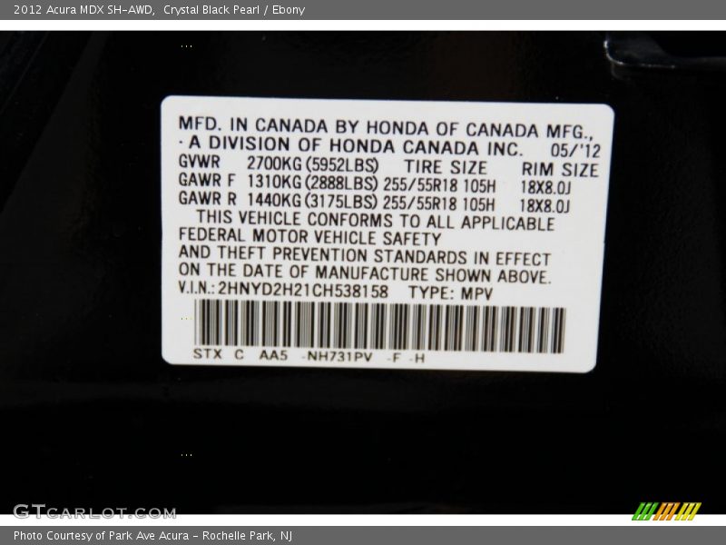 Crystal Black Pearl / Ebony 2012 Acura MDX SH-AWD