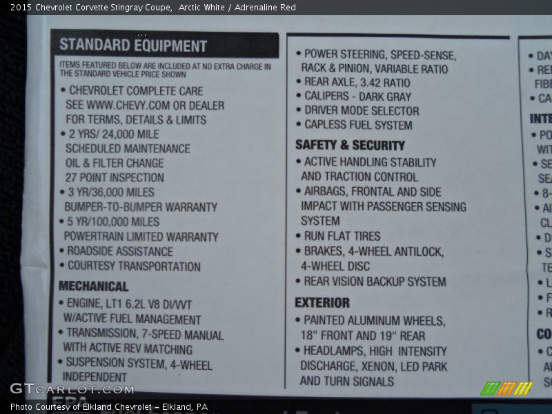  2015 Corvette Stingray Coupe Window Sticker