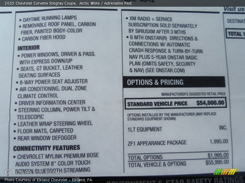  2015 Corvette Stingray Coupe Window Sticker