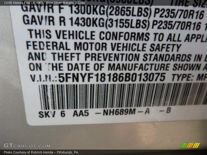 Billet Silver Metallic / Gray 2006 Honda Pilot LX 4WD