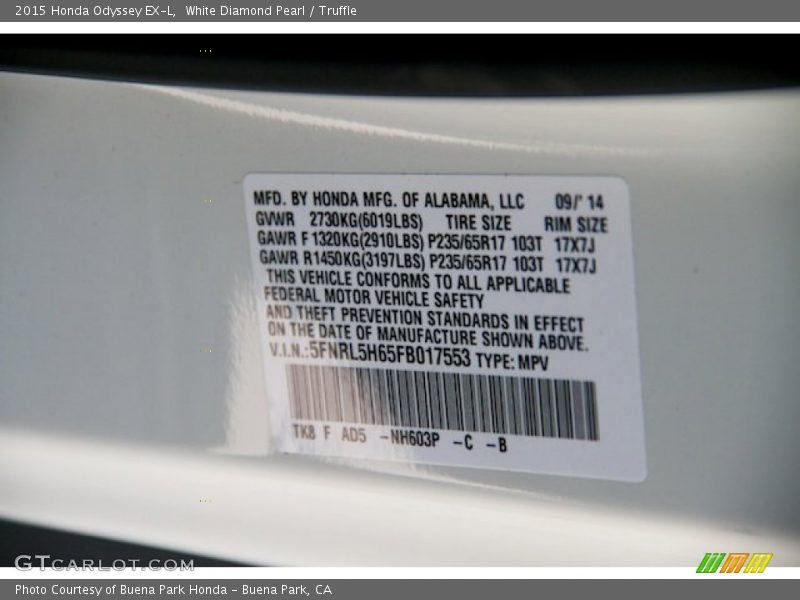 White Diamond Pearl / Truffle 2015 Honda Odyssey EX-L