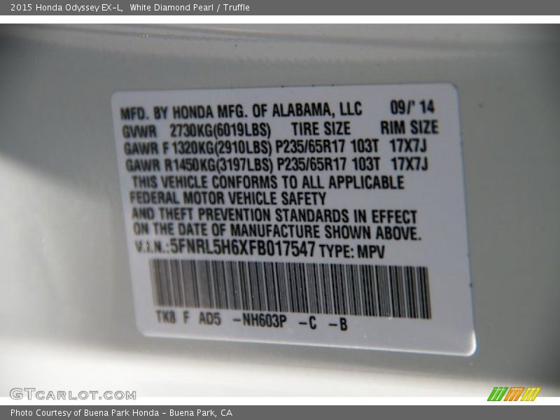 White Diamond Pearl / Truffle 2015 Honda Odyssey EX-L
