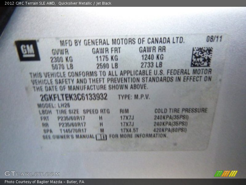 Quicksilver Metallic / Jet Black 2012 GMC Terrain SLE AWD