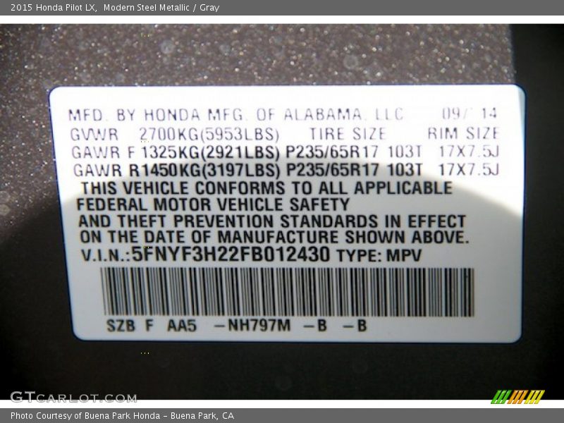 Modern Steel Metallic / Gray 2015 Honda Pilot LX