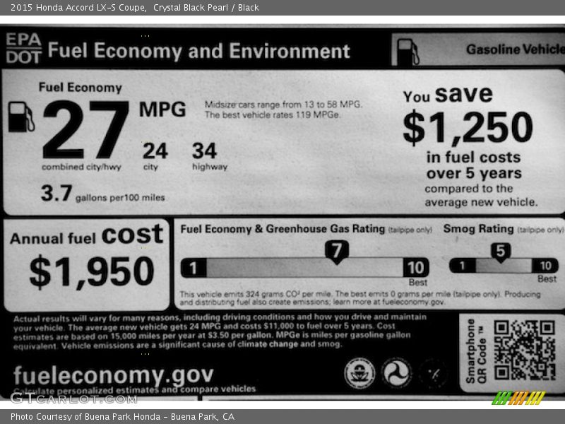 Crystal Black Pearl / Black 2015 Honda Accord LX-S Coupe