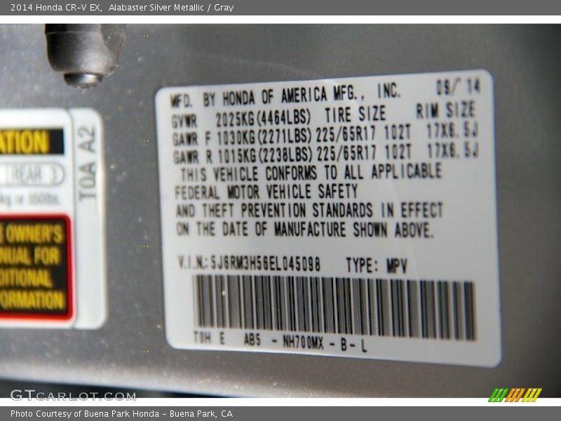 Alabaster Silver Metallic / Gray 2014 Honda CR-V EX