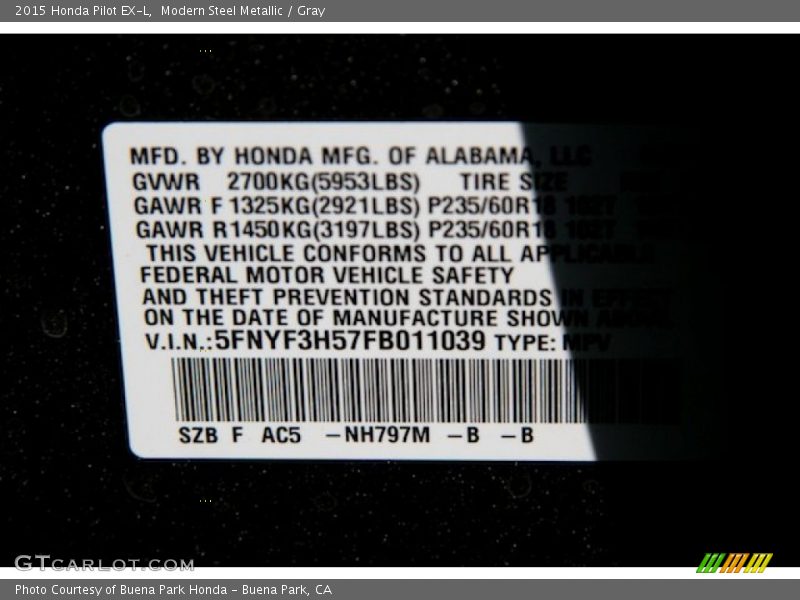 Modern Steel Metallic / Gray 2015 Honda Pilot EX-L