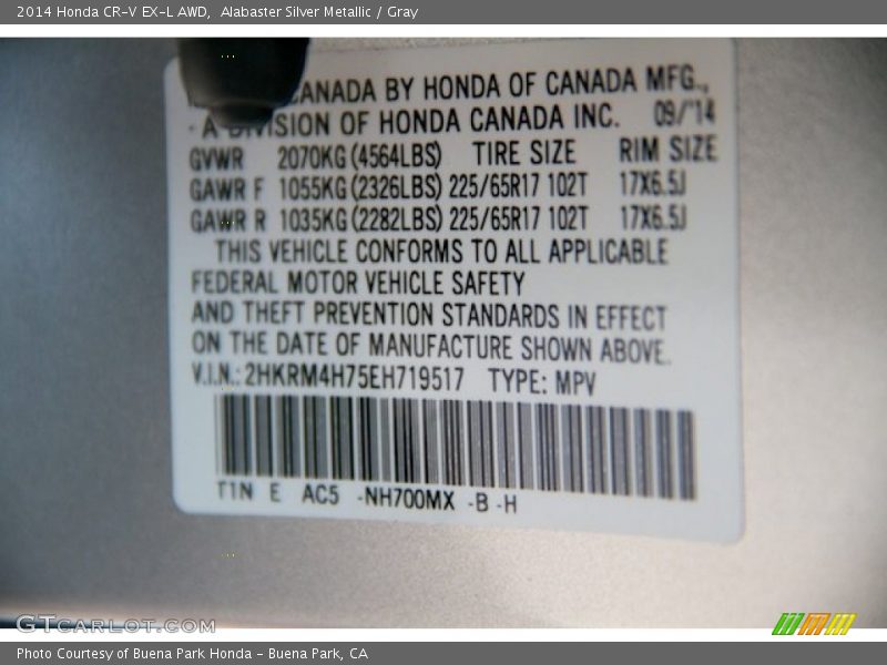Alabaster Silver Metallic / Gray 2014 Honda CR-V EX-L AWD