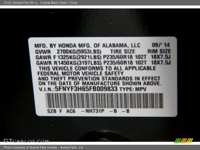 Crystal Black Pearl / Gray 2015 Honda Pilot EX-L