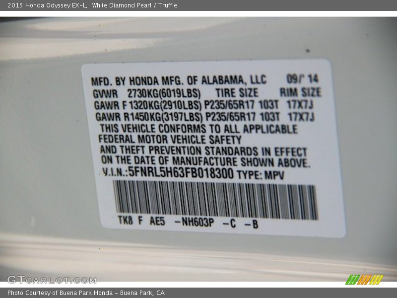 White Diamond Pearl / Truffle 2015 Honda Odyssey EX-L