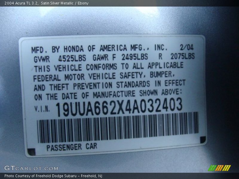 Satin Silver Metallic / Ebony 2004 Acura TL 3.2