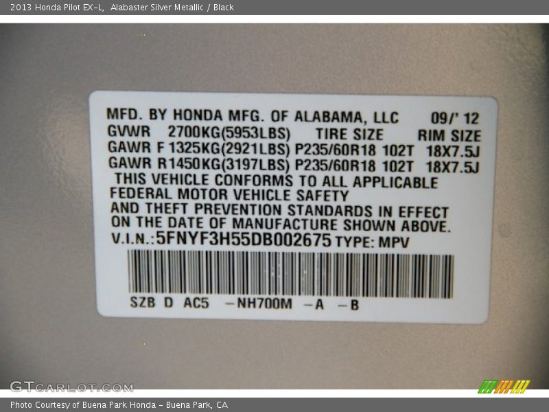 Alabaster Silver Metallic / Black 2013 Honda Pilot EX-L