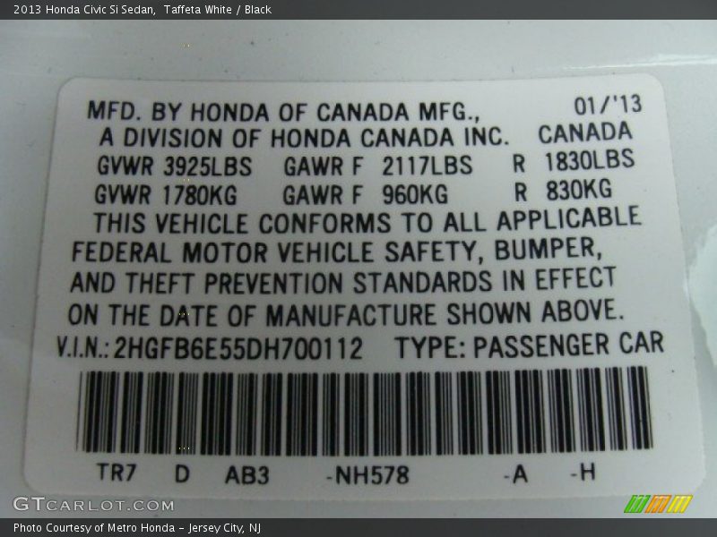 Taffeta White / Black 2013 Honda Civic Si Sedan