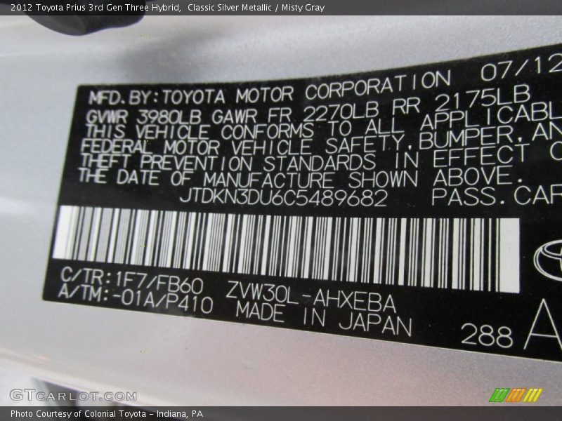 Classic Silver Metallic / Misty Gray 2012 Toyota Prius 3rd Gen Three Hybrid