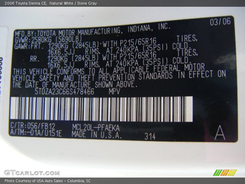 Natural White / Stone Gray 2006 Toyota Sienna CE