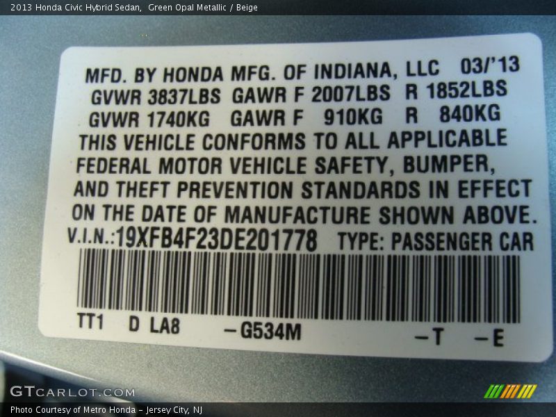 Green Opal Metallic / Beige 2013 Honda Civic Hybrid Sedan
