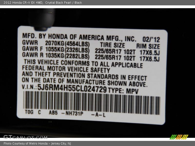 Crystal Black Pearl / Black 2012 Honda CR-V EX 4WD