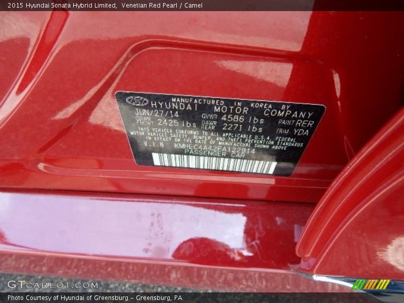 2015 Sonata Hybrid Limited Venetian Red Pearl Color Code RER